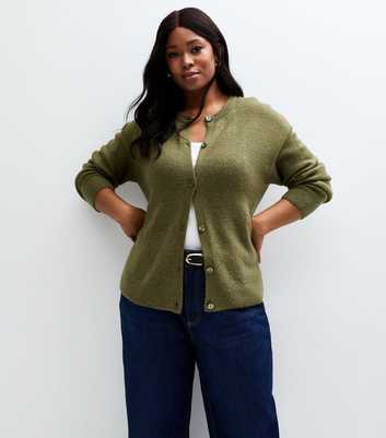 Curves Khaki Crew Neck Button Up Cardigan