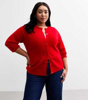 Curves Red Crew Neck Button Up Cardigan