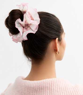 Pink Plisse Trim Frilly Gingham Scrunchie