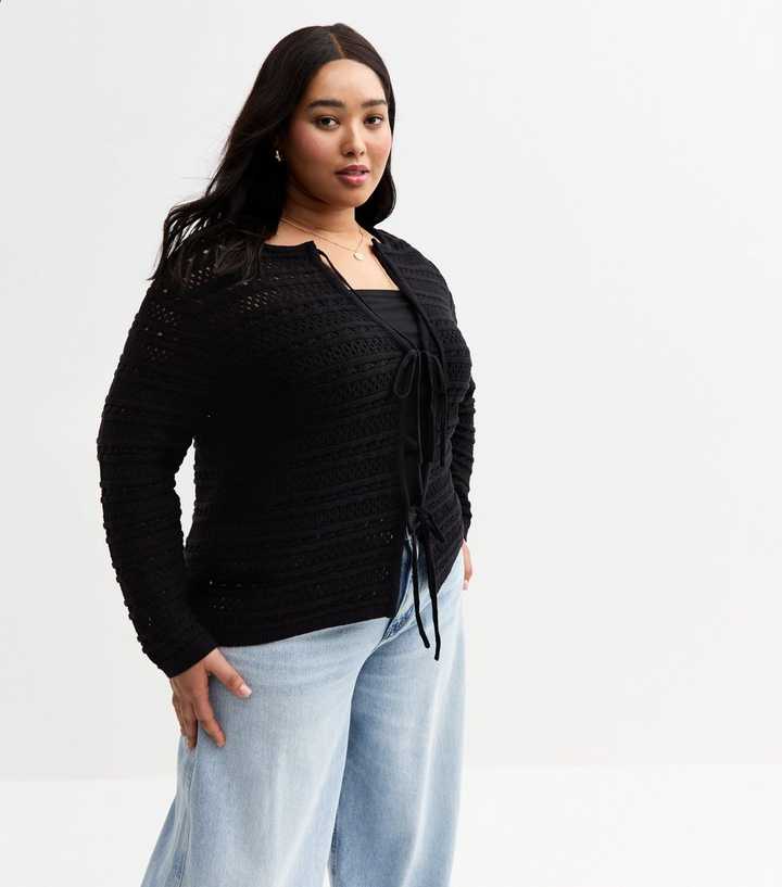 Curves Black Open Knit Tie Front Cardigan