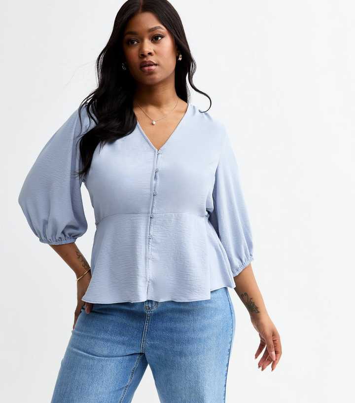 Curves Blue Crinkle Texture Button Front Tea Top