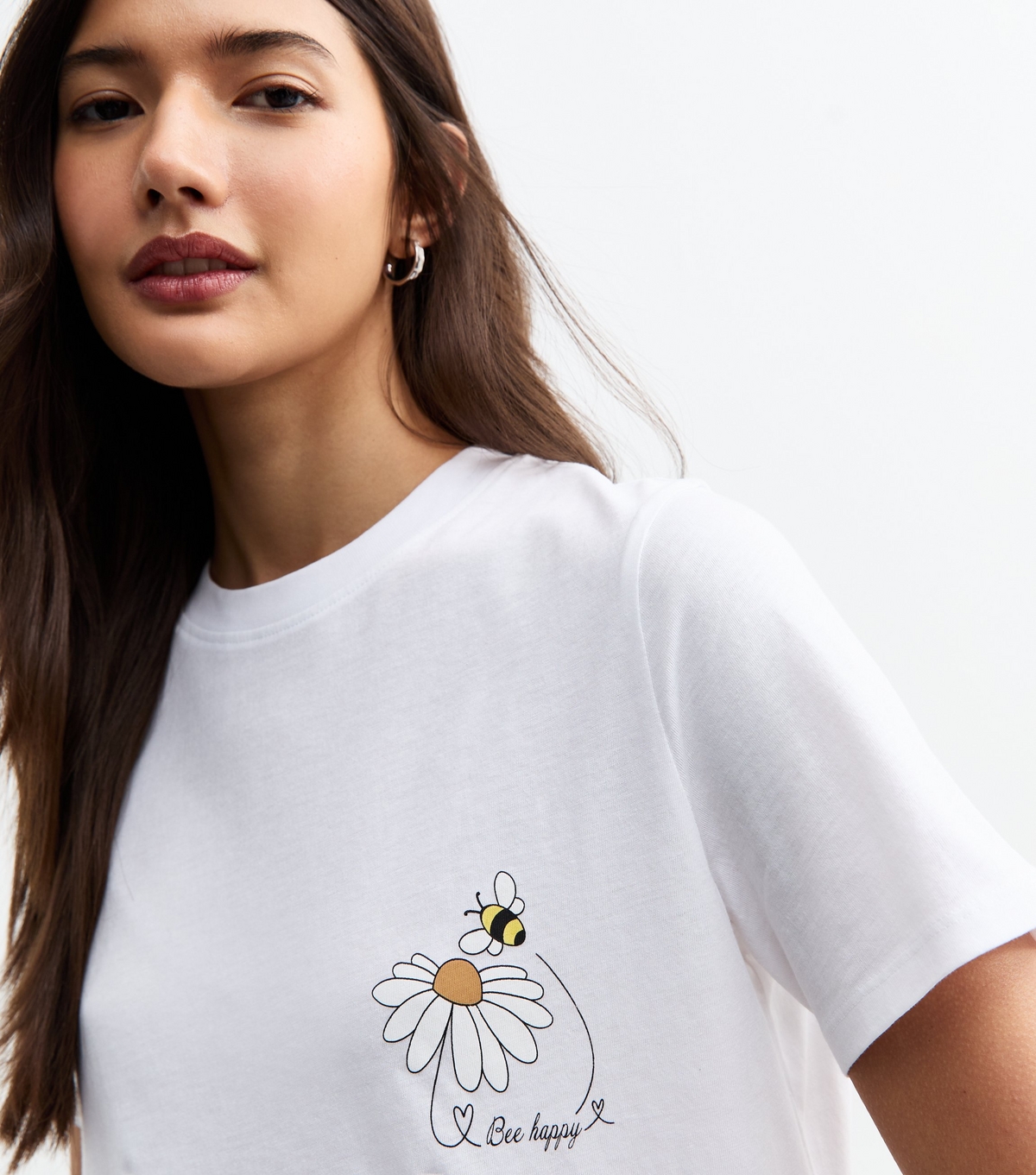 Women's White Bee Happy Flower Print T-Shirt New Look