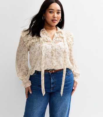 Curves White Floral Print Ruffle Trim Blouse