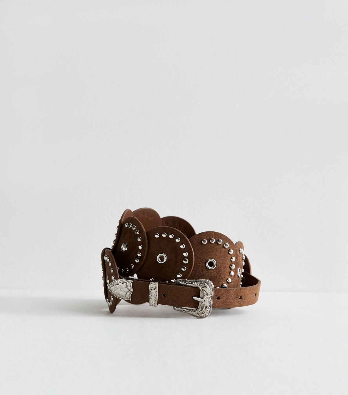 Brown Faux Suede Studded Disc Belt New Look