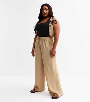 Curves Camel Crinkled Wide Leg Trousers