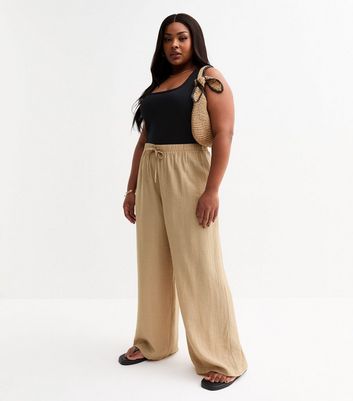 Curves Camel Crinkled Wide Leg Trousers | New Look