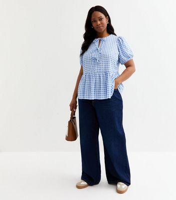 Curves Blue Checked Tie Front Peplum Top | New Look