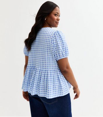 Curves Blue Checked Tie Front Peplum Top | New Look