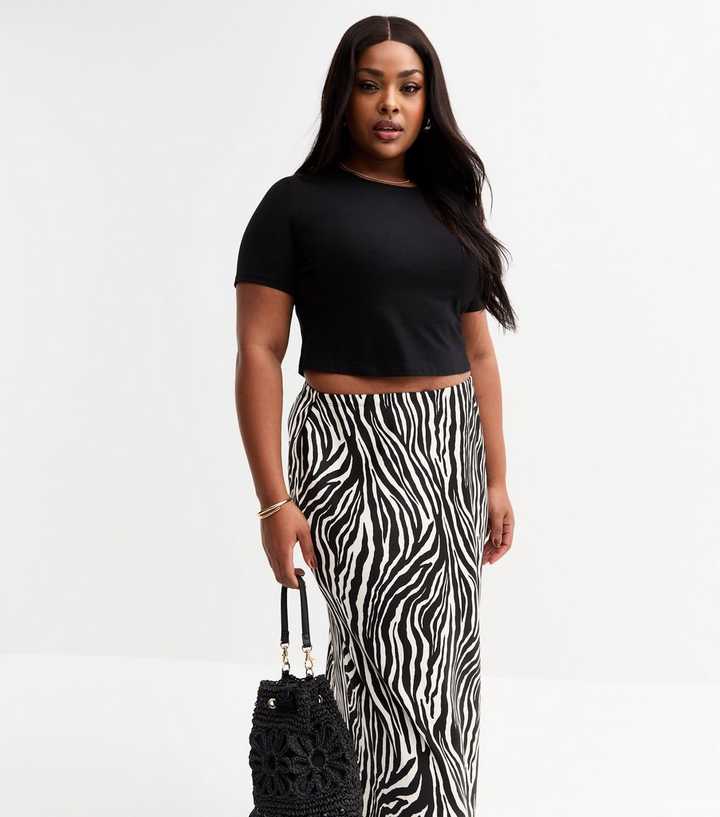Curves Black Zebra Print Satin Midi Skirt