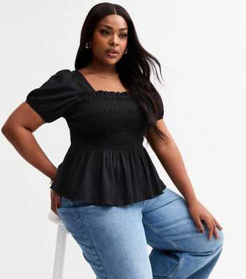 Curves Black Crinkled Shirred Top