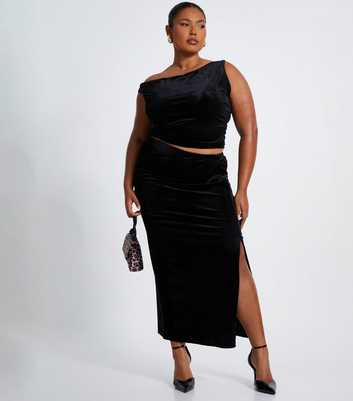 QUIZ Curves Black Draped Slit Hem Velvet Midi Skirt