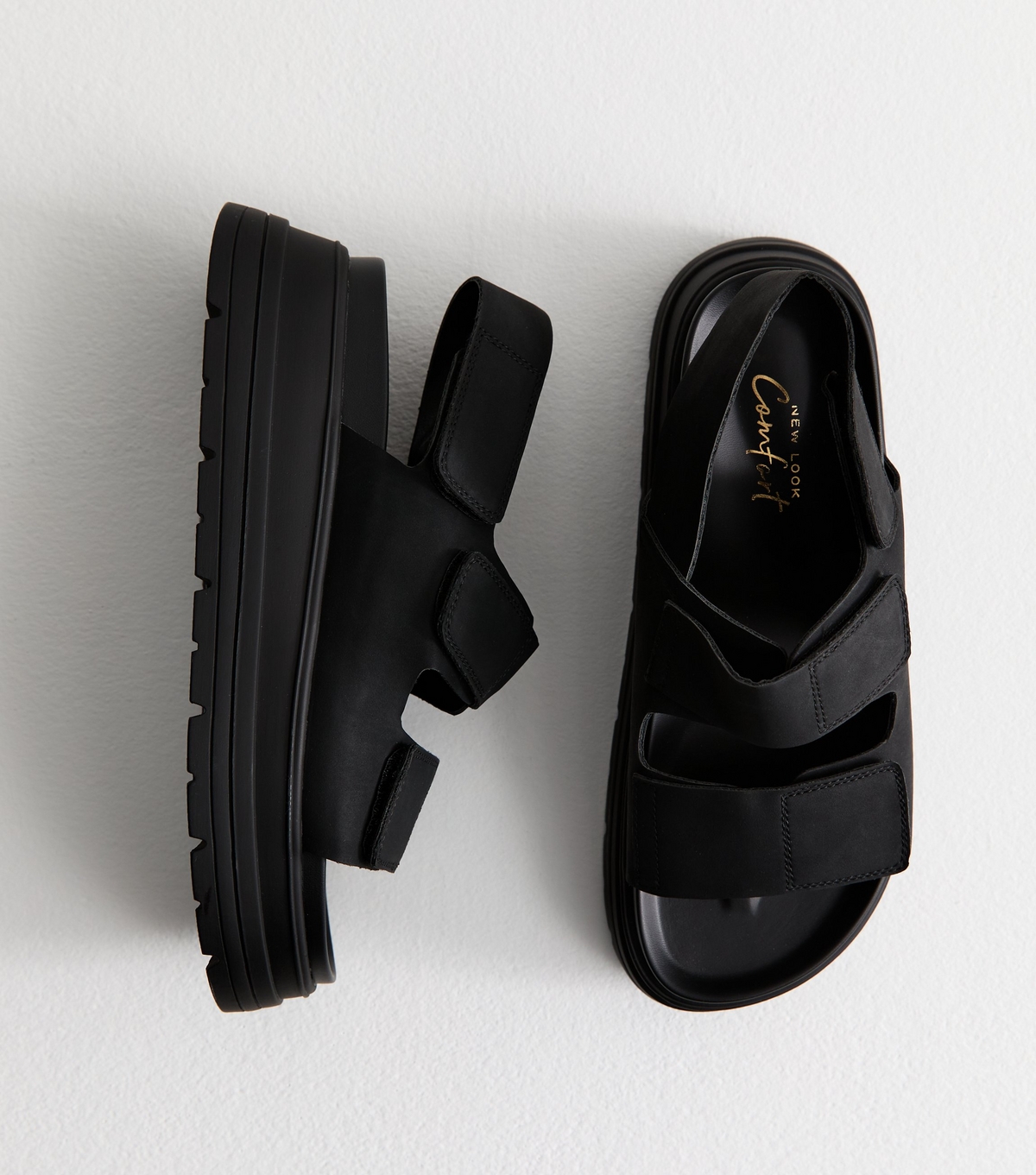 Women's Black Rip Tape Straps Faux Leather Flatform Sandals Vegan New Look