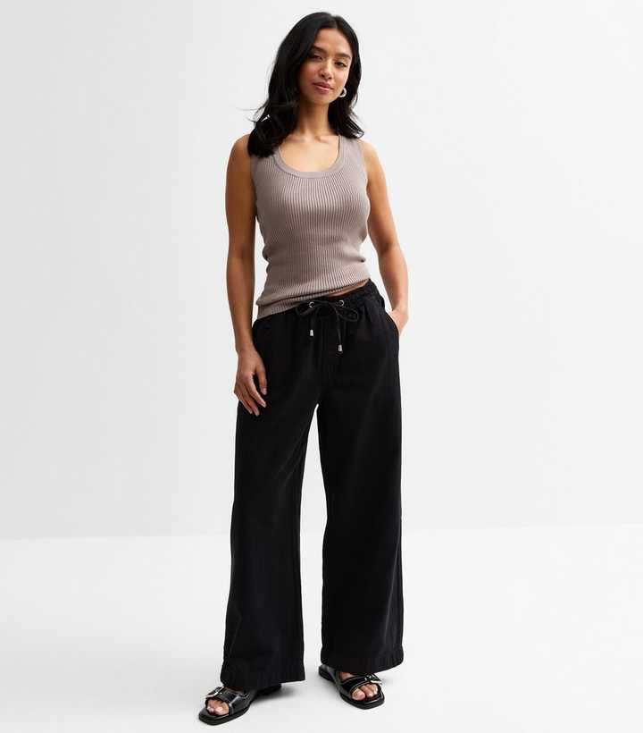 Petite Black Twill Wide Leg Trousers