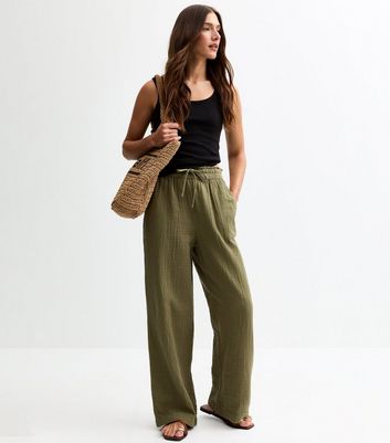 Khaki Double Cloth Wide Leg Trousers