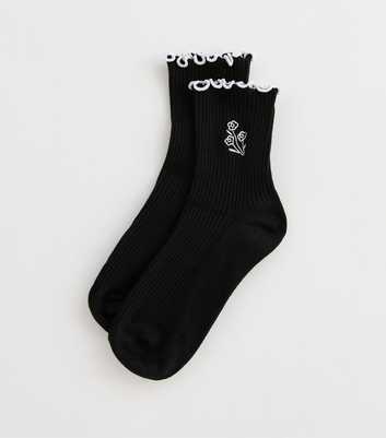 Black Ribbed Floral Embroidered Frill Trim Socks