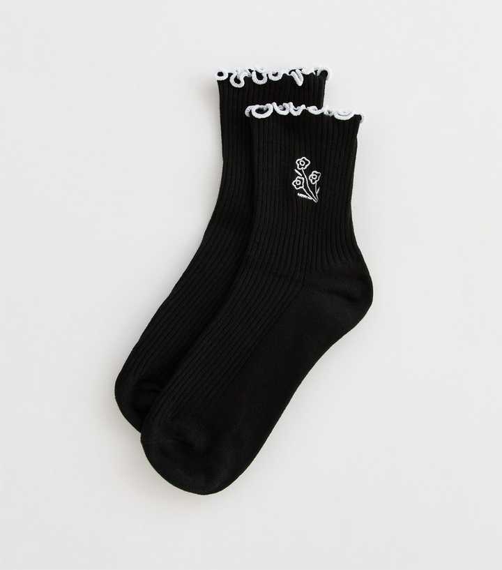 Black Ribbed Floral Embroidered Frill Trim Socks | New Look