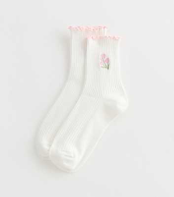 White Frill Trim Floral Embroidered Socks