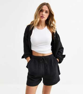 Black Textured Drawstring Waist Shorts