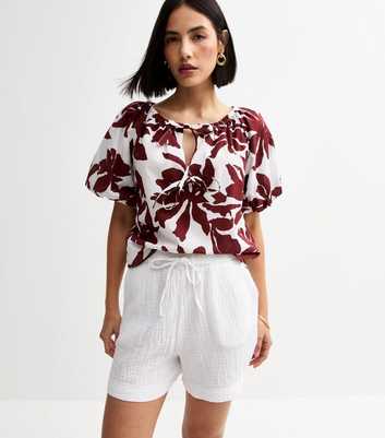 White Textured Drawstring Waist Shorts