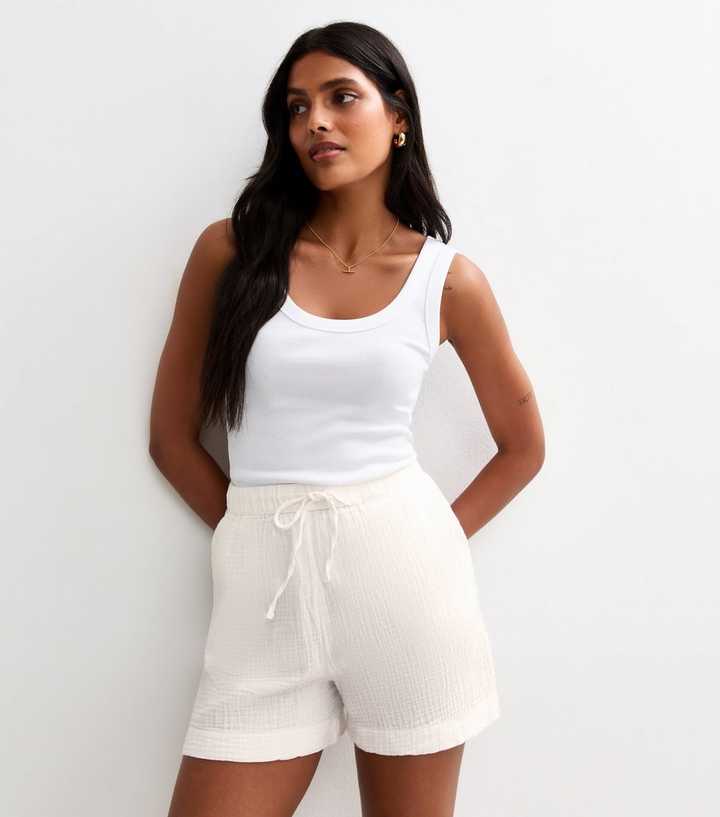 White Textured Drawstring Waist Shorts