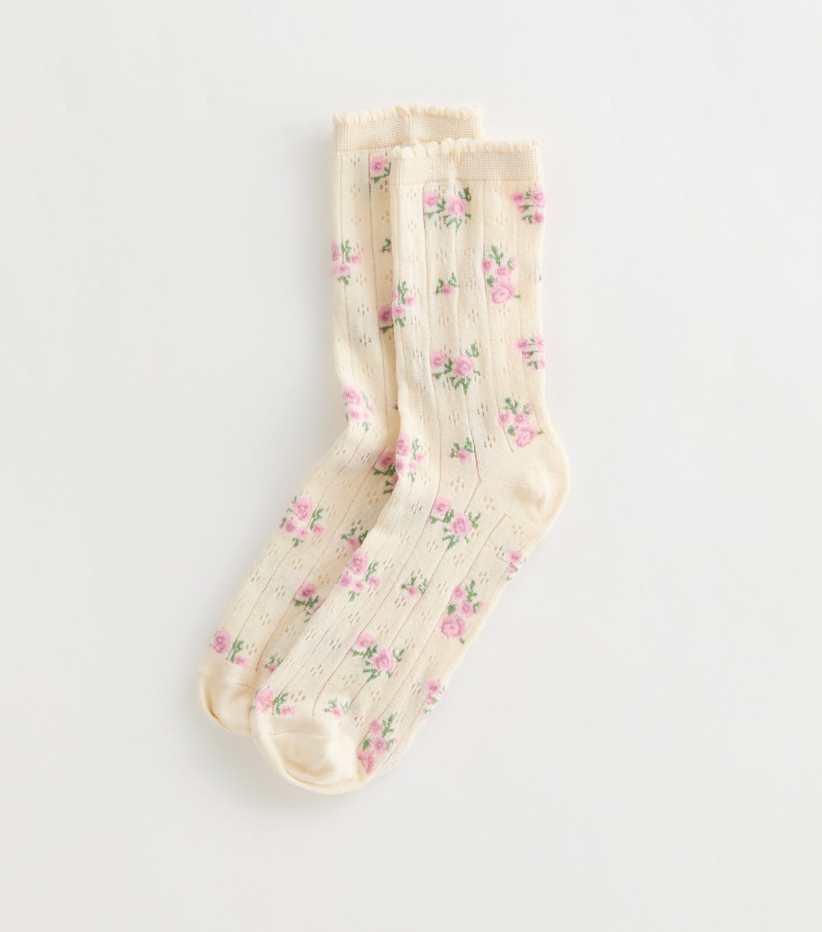 Cream Pointelle Ribbed Floral Socks New Look