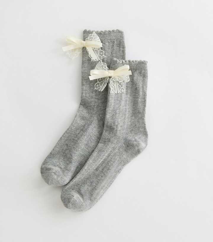 Light Grey Pointelle Knit Lace Bow Socks