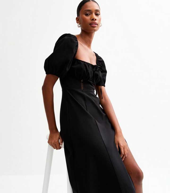 Black Puff Sleeve Slit Hem Milkmaid Midi Dress | New Look