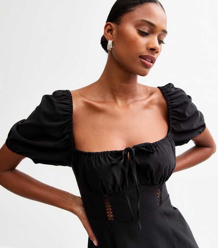 Black Puff Sleeve Slit Hem Milkmaid Midi Dress | New Look