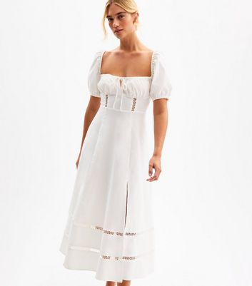 White Puff Sleeve Slit Hem Milkmaid Midi Dress | New Look