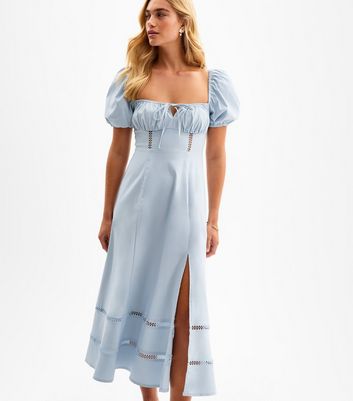 Light Blue Puff Sleeve Slit Hem Midi Dress