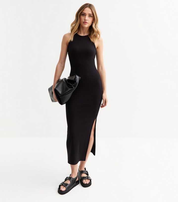 Black Rib Jersey Racer Midi Dress