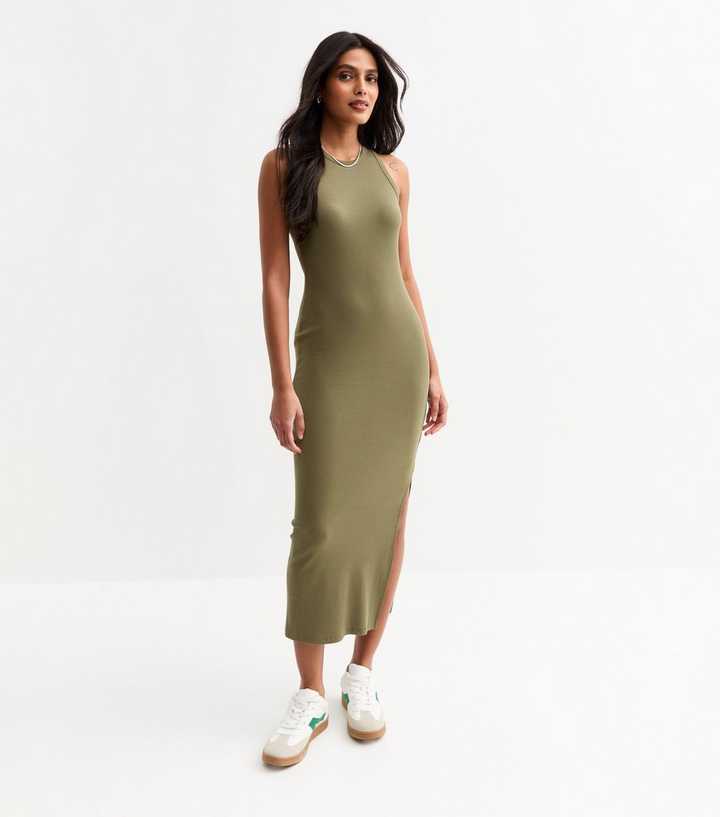 Khaki Green Rib Jersey Racer Midi Dress | New Look Khaki Green Rib Jersey Racer Midi Dress | New Look