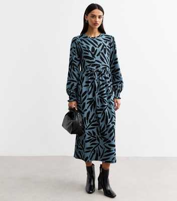 Blue Contrast Pattern Smock Midi Dress