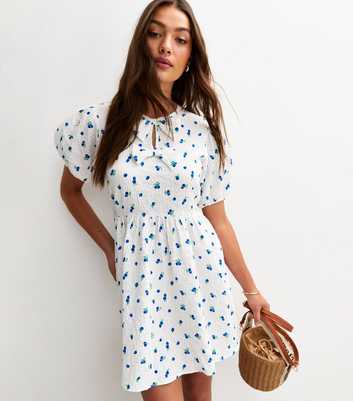 White Textured Blueberry Print Bow Mini Dress