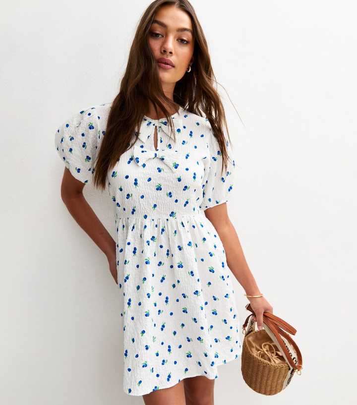 White Textured Blueberry Print Bow Mini Dress