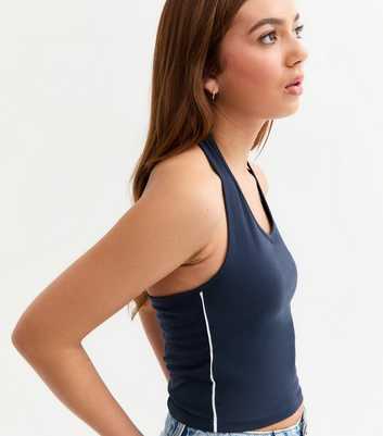 Girls Navy Contrast Trim Halterneck Top