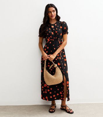 Strawberry Dress Midi Dresses At New Look Black Strawberry Print