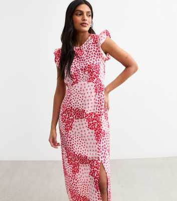 Pink Ditsy Print Frill Trim Midi Dress