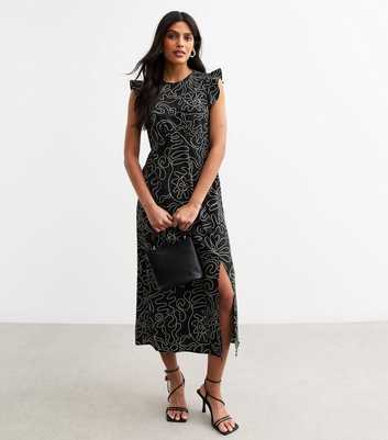 Black Swirl Print Frill Trim Midi Dress