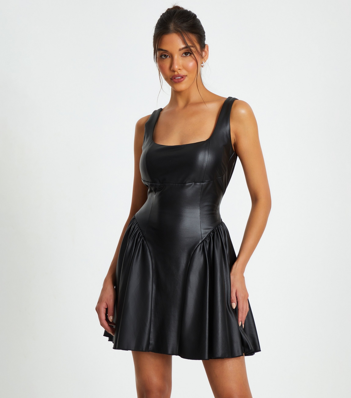 Women's Black Faux Leather Skater Dress Quiz New Look