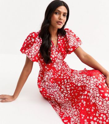 Red Lightweight Floral Print Wrap Midi Dress | New Look
