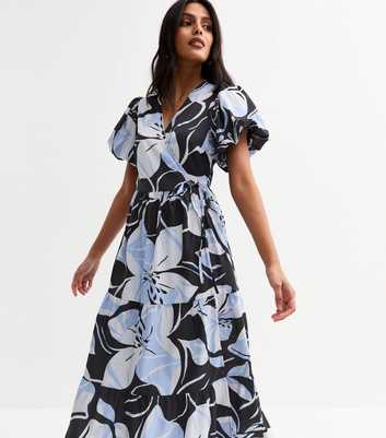Blue Floral Print Tiered Puff Sleeve Wrap Dress