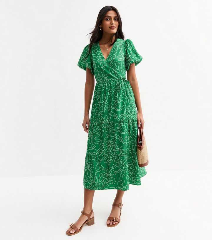 Green Swirl Print Tiered Midi Wrap Dress | New Look