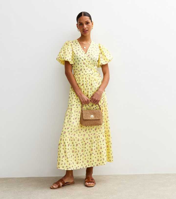 Yellow Floral Print Tiered Wrap Dress