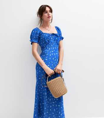 Blue Floral Print Square Neck Midi Dress