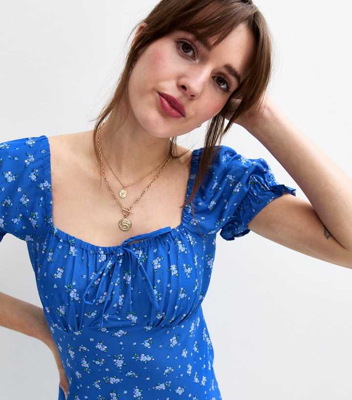 Blue Floral Print Square Neck Midi Dress