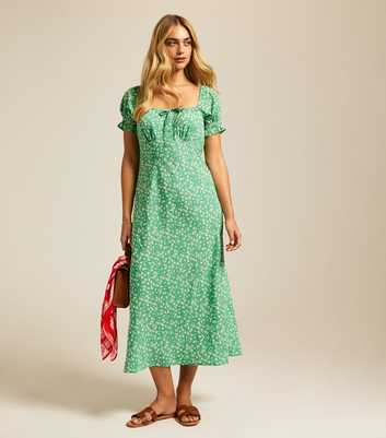 Green Floral Print Milkmaid Midi Dress