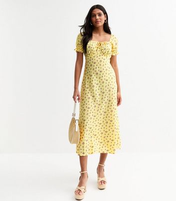 Yellow Floral Print Milkmaid Midi Dress New Look