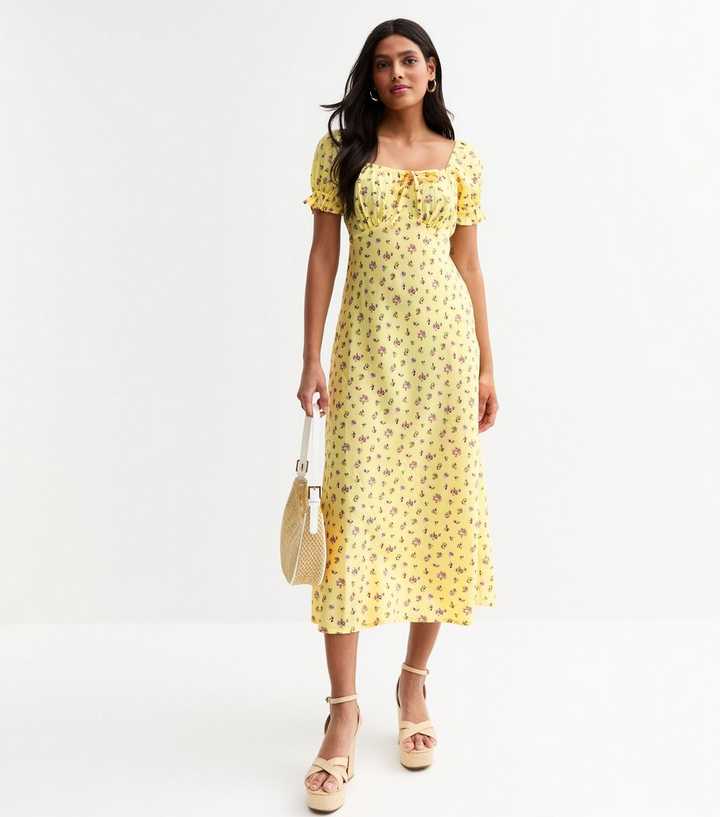 Yellow Floral Print Milkmaid Midi Dress