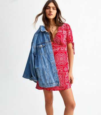 Red Paisley Print Tie Sleeve Mini Dress